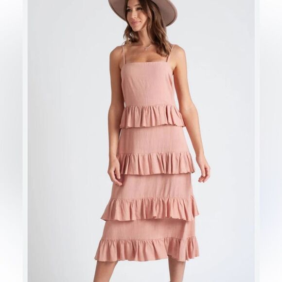 Lucca Couture Spaghetti Strap Pink Midi Tiered Ruffle Dress Women’s Medium - Picture 1 of 4